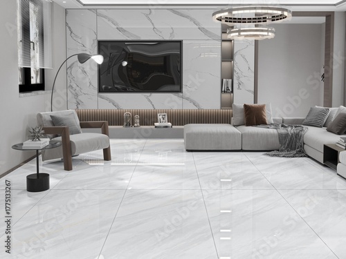 Φωτογραφία Modern neutral-toned interior design with tiled wall decor and subtle silver accents, television in the marble wall panel, warm white sofa set with cushion, hanging chandelier