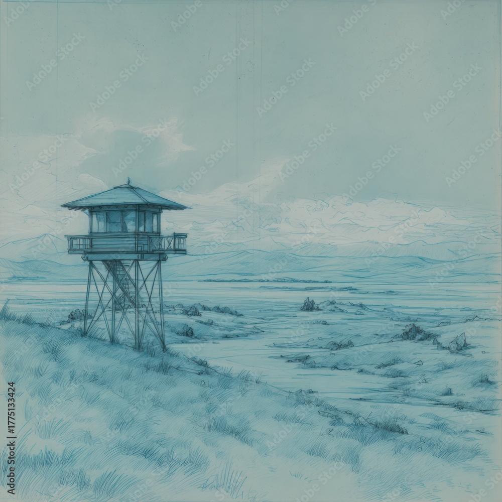 Fototapeta premium Minimalist landscape watchtower on a hill against a blue sky background