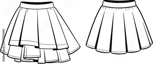 Fashionable layered and pleated skirts, CAD drawing, black and white sketch, clothing flat vector illustration, modern skirt design template
