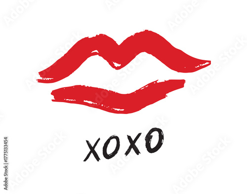 pink red lipstick kiss symbol, hugs and kisses text xoxo. lips xo xo doodle hand drawn icon. Drawing line clipart symbol