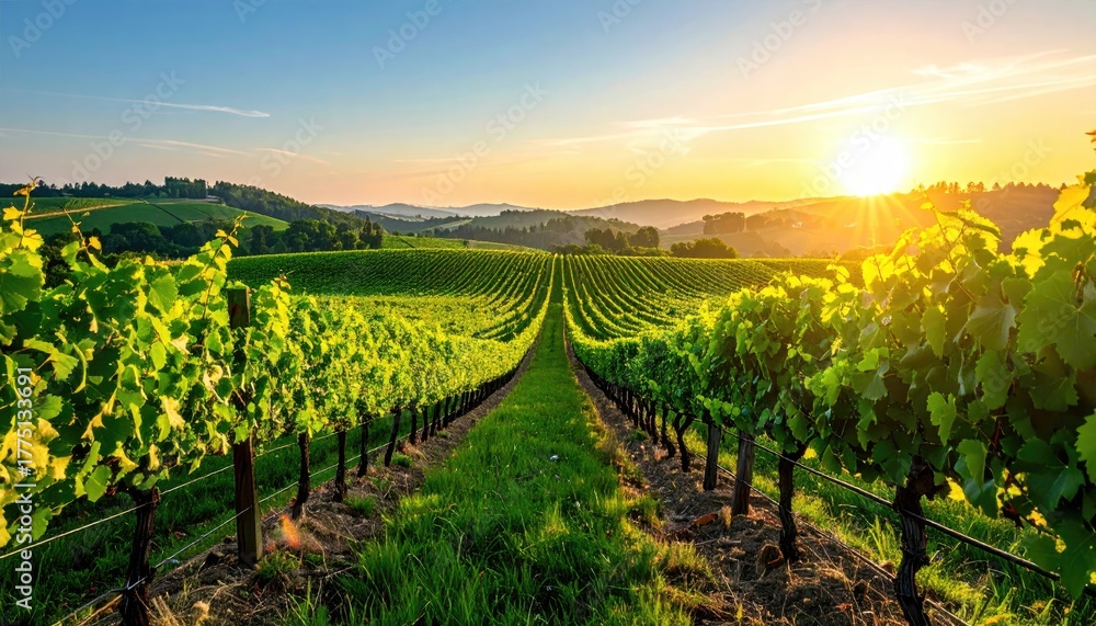 Naklejka premium Vineyard At Sunset With Rows Of Green Grapes And Golden Sunlight Shining Through The Leaves