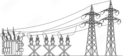 Electrical substation with transformers, insulators, high voltage transmission towers, power grid energy distribution, industrial electricity infrastructure illustration