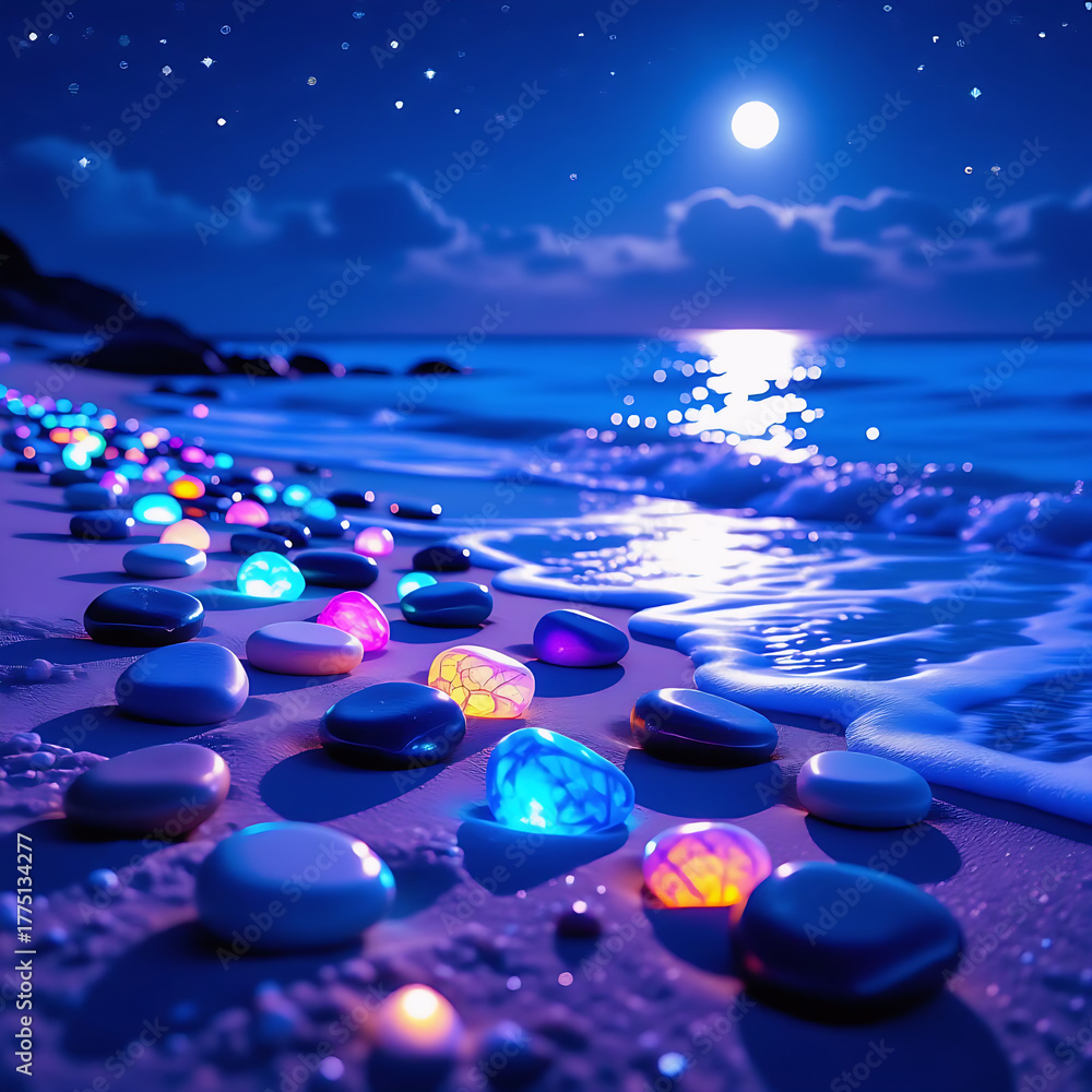Obraz premium “Magical Glowing Stones on Moonlit Beach — Fantasy Night Seascape”