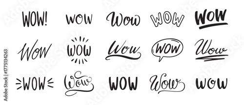 word WOW hand drawn lettering phrase or quote set. wow modern freehand style isolated on white background for print clipart.