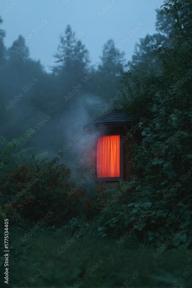 custom made wallpaper toronto digitalMysterious cottage glows with warm light amid dense fog and lush