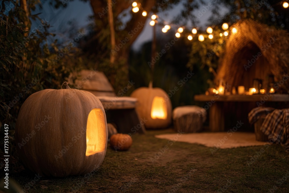 Fototapeta premium Cozy pumpkin seating area illuminated by warm fairy lights, perf