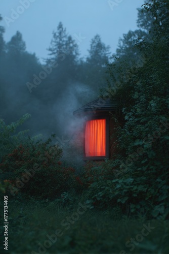 Wallpaper Mural Mysterious cottage glows with warm light amid dense fog and lush Torontodigital.ca