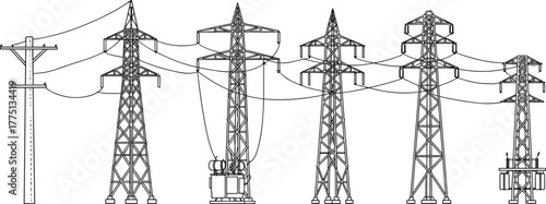 Electrical power transmission towers, utility poles, high voltage transformers, energy distribution grid, industrial infrastructure, electricity network vector illustration