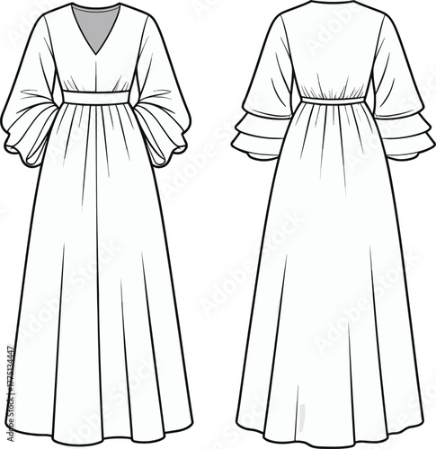 Fashion flat sketch of women’s long maxi dress with layered bell sleeves, V-neckline, vector CAD technical drawing for garment design