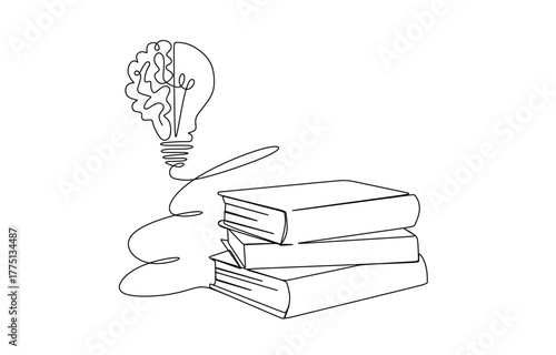 One single line drawing of shining light bulb with human brain above open text book logo identity.