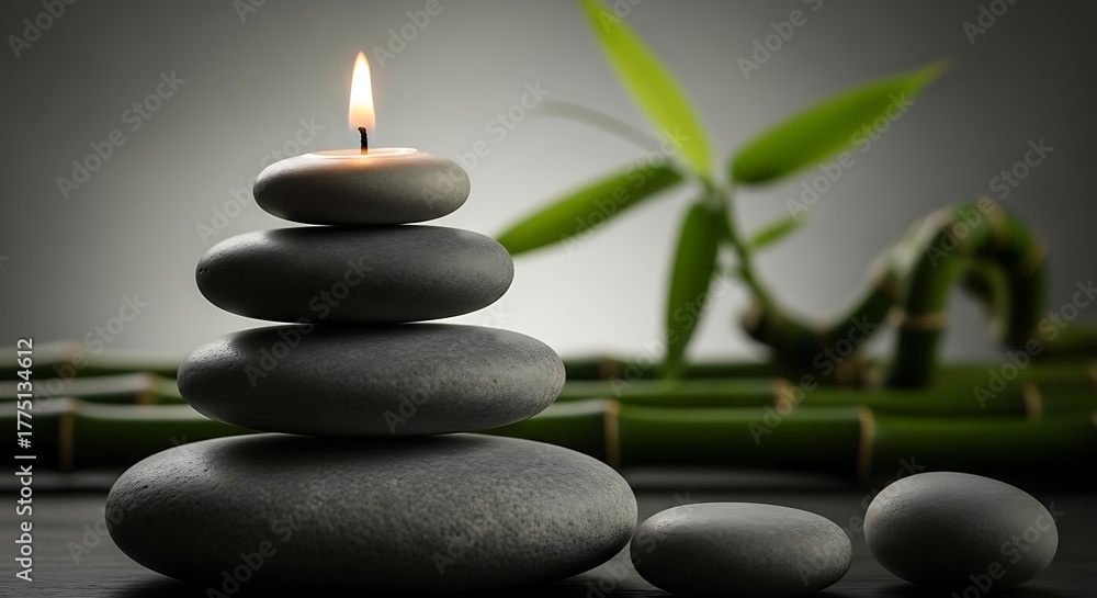 Obraz premium Stacked Gray Stones with Candle and Bamboo in Soft Lighting
