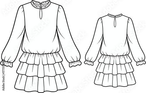 Flat technical sketch of girls' long sleeve tiered ruffle dress with gathered cuffs, front and back view, CAD vector illustration.