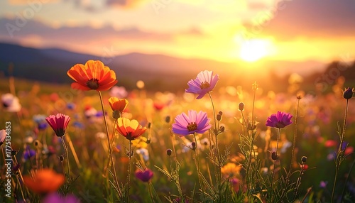 Golden Hour Symphony Vibrant Wildflowers Bathed in the Warm Glow of a Setting Sun Across a Serene Meadow Landscape, Evoking Tranquility and Natural Beauty