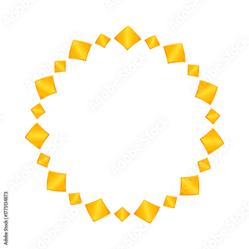 Golden geometric wreath frame. Islated on white. Empty, place for text, copy space. Festive, decorative, round border.