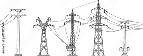 Electric power transmission towers and utility poles with transformer and cables, vector illustration, high voltage grid industrial drawing