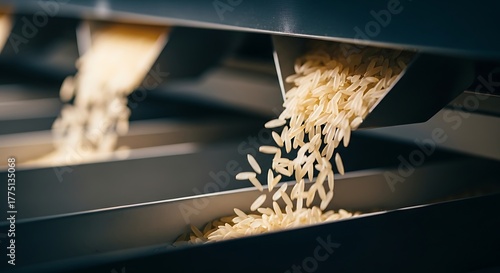 Close-up of rice grains being processed and sorted on a modern industrial machine