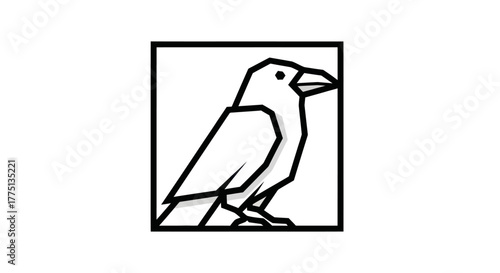 A geometric illustration of a crow within a square frame, showing distinct black outlines