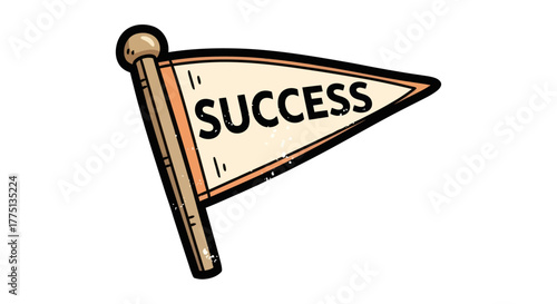 A cartoon pennant flag in beige with "SUCCESS" in black letters, wooden pole