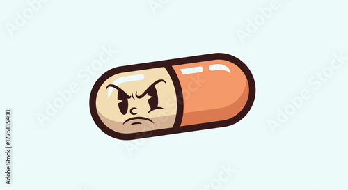 Cartoon pill with an angry face, dark outline, and orange and beige color scheme on a light blue background