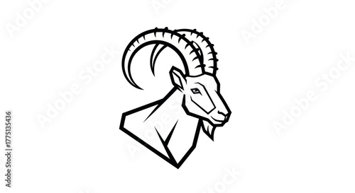 A stylized black and white illustration of a goat's head and upper body against a white background