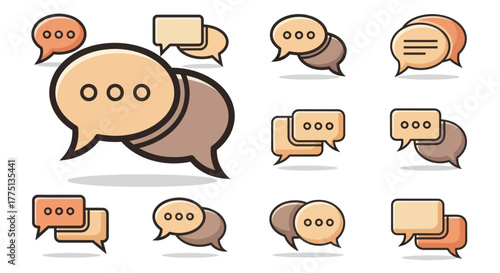 Collection of stylized speech bubble icons, in varied shapes and colors, all with three dots