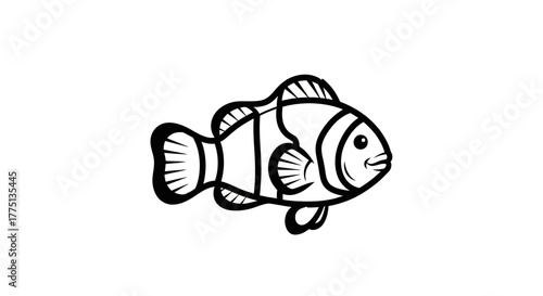 A black and white illustration of a cartoon fish, with a wide grin and striped design