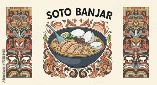A stylized illustration of Soto Banjar, Indonesian chicken soup, with ornate decorative columns on either side