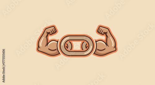 An illustration of muscular arms flanking a chain link on a beige background