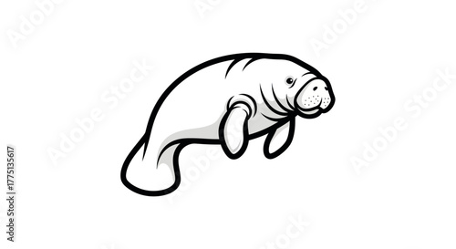 Monochromatic illustration of a sea cow, with black outlines and some shading