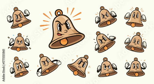 A collection of animated cartoon bell characters with varied expressions on a neutral backdrop