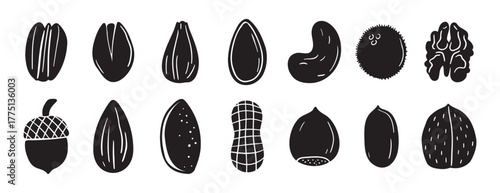 nuts silhouettes set. doodle hand drawn nuts design. black color