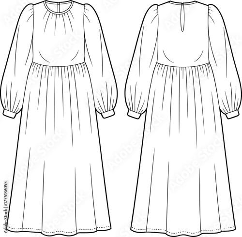 Flat technical sketch of round neck gathered long sleeve maxi dress with back keyhole detail, loose fit, CAD vector illustration