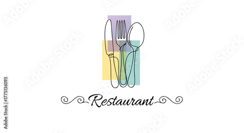 A Continuous One Line Drawing of a Fork, Knife and Spoon Set on a White Background, Restaurant Concept