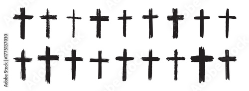 hand drawn grunge cross black bold icons set. Christian cross signs collection, cross symbols created with real ink brush isolated on white background.