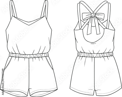 Fashion flat sketch of women’s romper with back bow detail and cross straps, CAD drawing vector illustration for apparel design