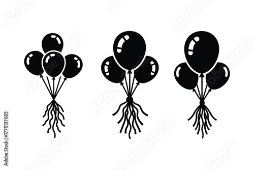 Balloons Three bunches of black  tied with strings and isolated, vector design