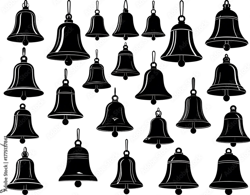 Obraz premium Black silhouette depiction of multiple bells with various shapes and sizes arranged on a white backdrop