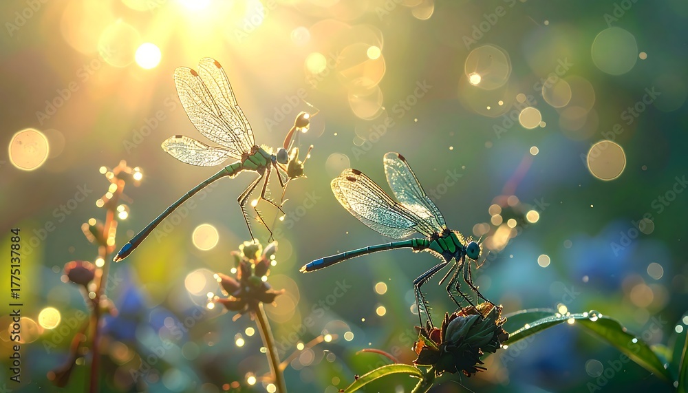 Fototapeta premium Dragonflies in the Morning Sun A Peaceful Scene in Nature's Embrace with Dew Drops and Bokeh