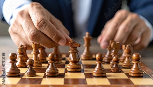 Wallpaper Mural Close up of a man in a dark blue suit moving a chess piece on a wooden chessboard during a strategic game with focused lighting Torontodigital.ca
