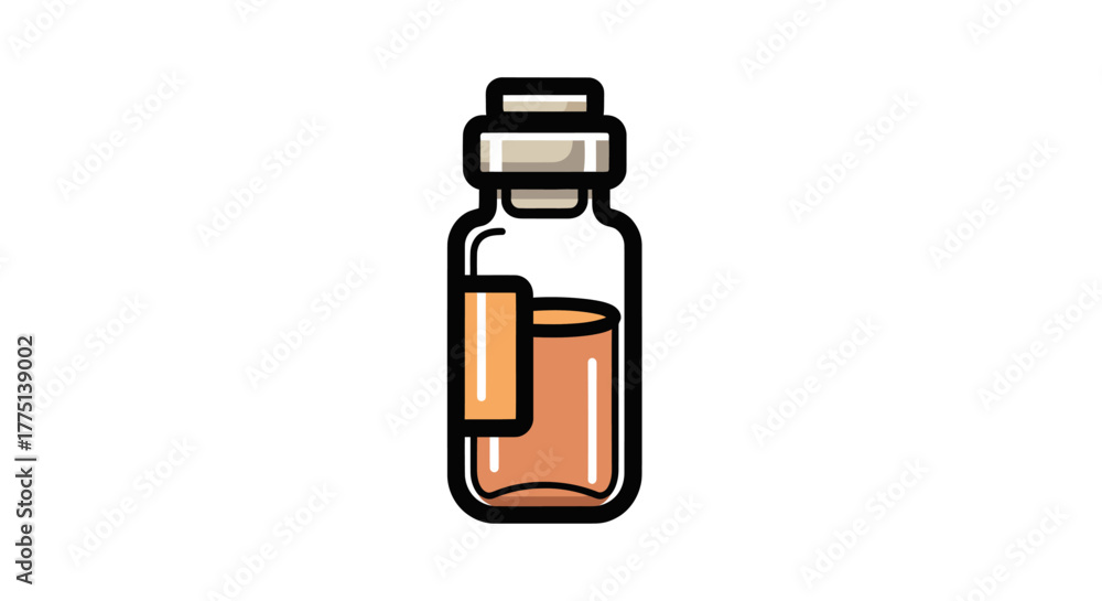 Fototapeta premium A glass vial of orange liquid with a label, topped with a stopper, outlined in black