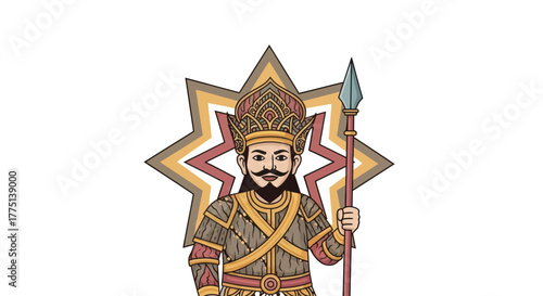 An illustrated, regal figure in ornate armor and crown holding a spear, with a starburst backdrop