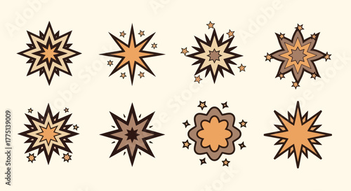 Eight colorful comic explosions with starburst shapes and varying details on a cream background