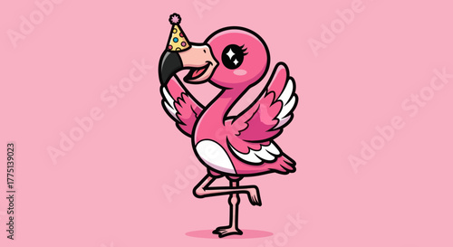 Cartoon flamingo balancing on one leg wearing a party hat against a pink backdrop