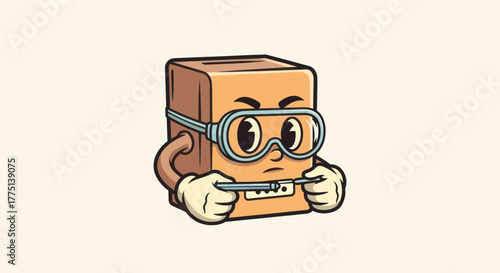 A box with eyes, arms, and gloves wearing goggles, holding a thin rod, with a slot on top