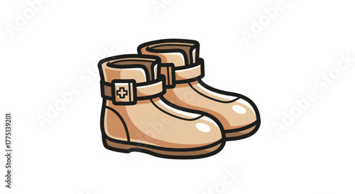 Cartoon illustration of two tan boots with straps and buckles, on a white background
