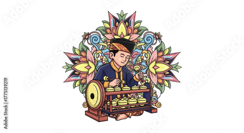 A man in traditional garb plays a musical instrument with a colorful floral design backdrop