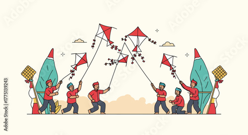 Illustration of people flying red and white kites, flags and decorative items on a cream background