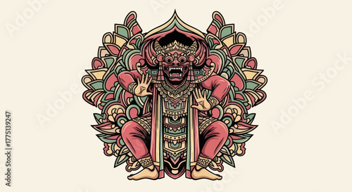 A colorful, stylized illustration of a red, fearsome creature with an intricate floral backdrop