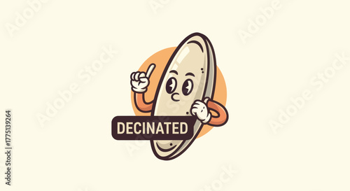 A smiling, anthropomorphic coffee bean character with arms, wearing gloves and holding a sign that says "Decinated.