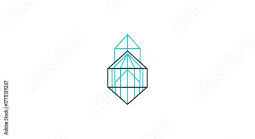 Two interconnected geometric figures a teal and black symmetrical structure on white